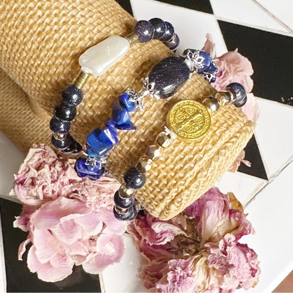 Sandstone gold hematite and baroque Biwa Pearl drop beaded bracelet boho - Picture 2 of 7